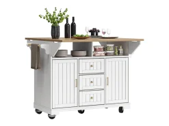 Isla de cocina móvil - Encimeras extensibles - 2 puertas y 3 cajones - Estantes abiertos - Con toallero - MDF - ​​Blanco​