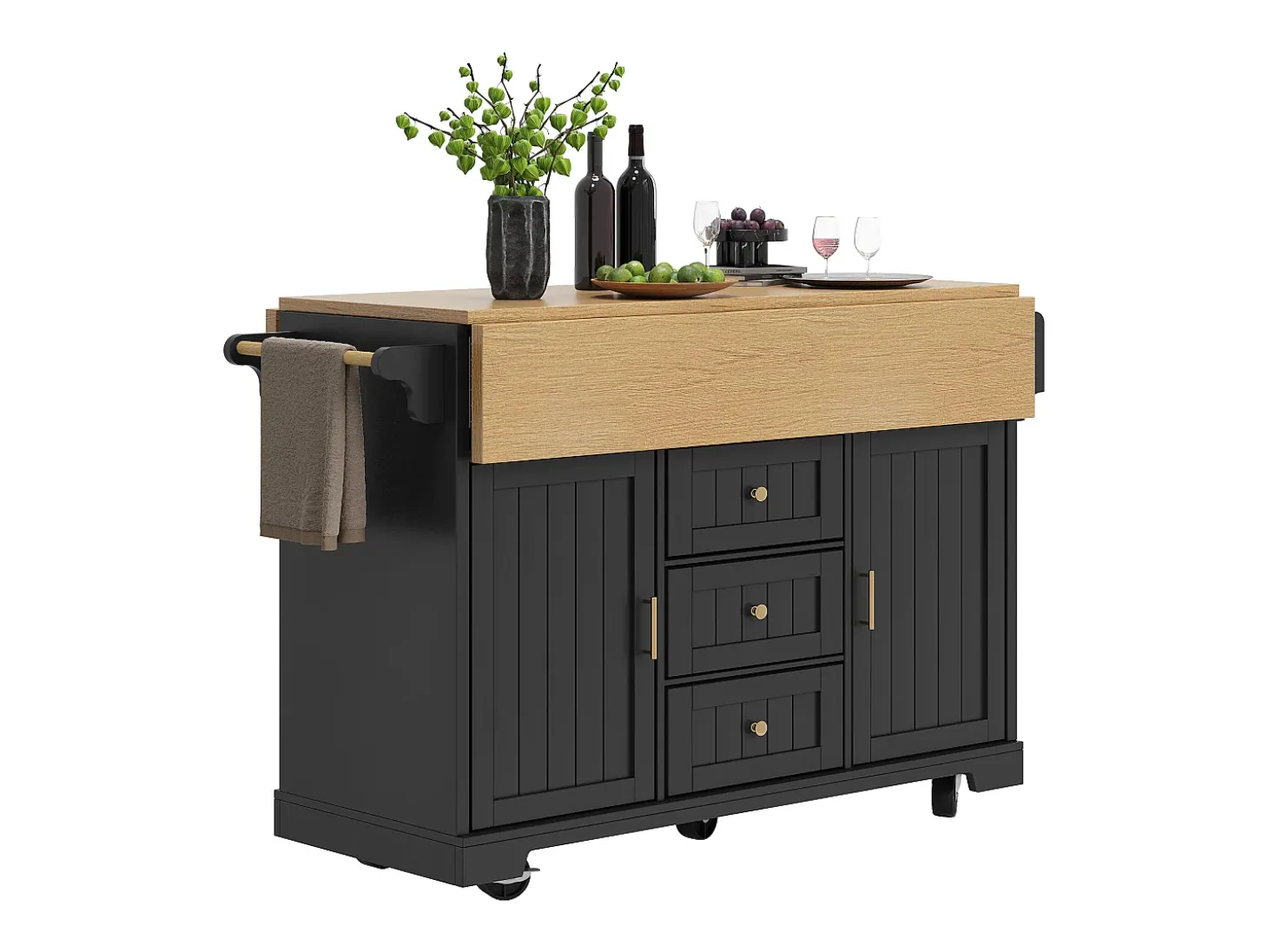 Isla de cocina móvil - Encimeras extensibles - 2 puertas y 3 cajones - Estantes abiertos - Con toallero - MDF - Negro