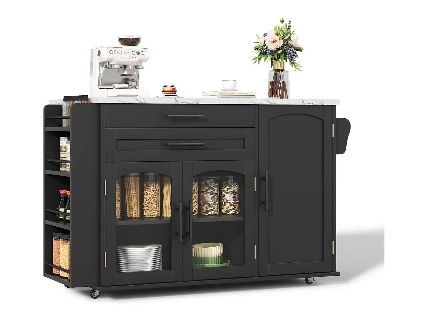 Isla de cocina móvil central - mesa de comedor plegable - con espacio de almacenamiento y estante para especias - con ruedas - Negro