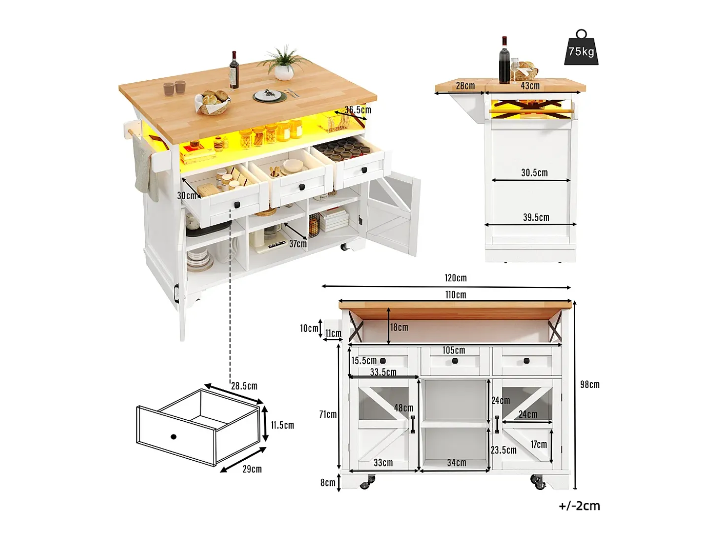 Isla de cocina móvil central - Tablero extensible - 120x71x98cm - con LED - 2 puertas y 3 cajones - estantes abiertos - Blanco