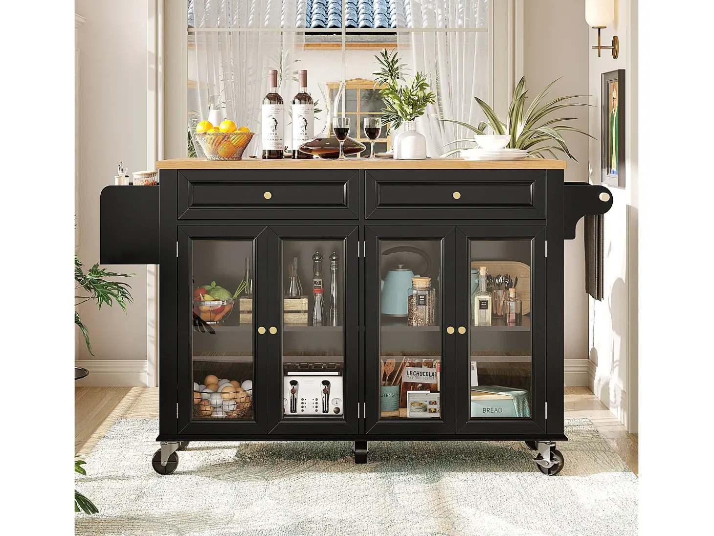 Isla de cocina móvil central - Encimera extensible - 140x72.5x90 cm - 2 cajones y 4 puertas de vidrio - con toallero - Negro