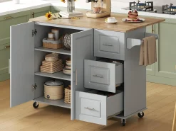 Isla de cocina móvil central - tablero extensible - con toallero - con ruedas - con 3 cajones y 2 puertas - MDF - Gris