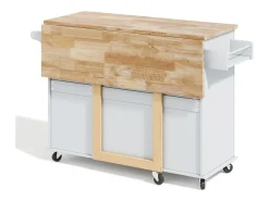Isla de cocina móvil central - tablero extensible - con toallero - con ruedas - con 3 cajones y 2 puertas - MDF - Gris