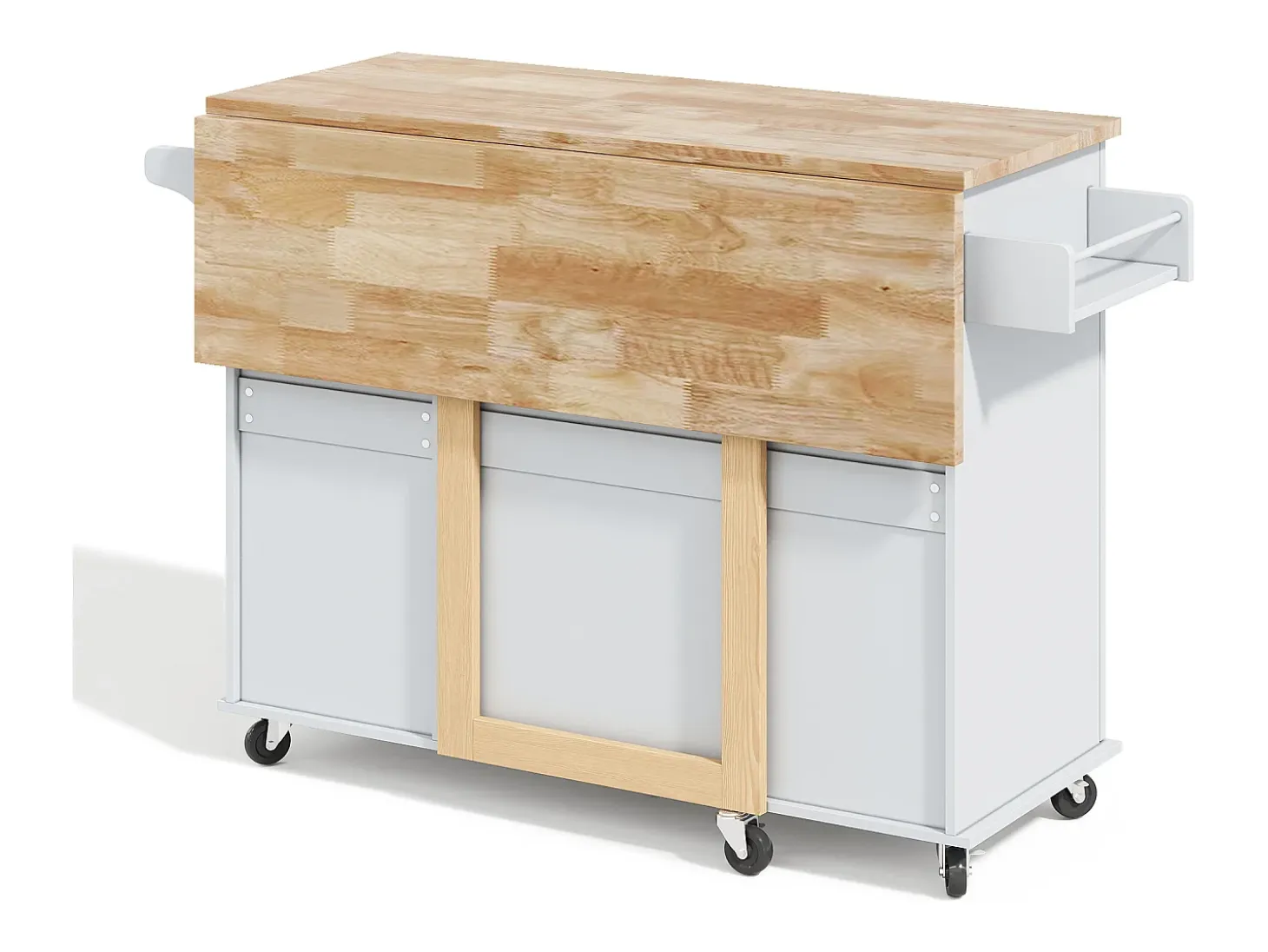 Isla de cocina móvil central - tablero extensible - con toallero - con ruedas - con 3 cajones y 2 puertas - MDF - Gris