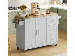 Isla de cocina móvil central - tablero extensible - con toallero - con ruedas - con 3 cajones y 2 puertas - MDF - Gris