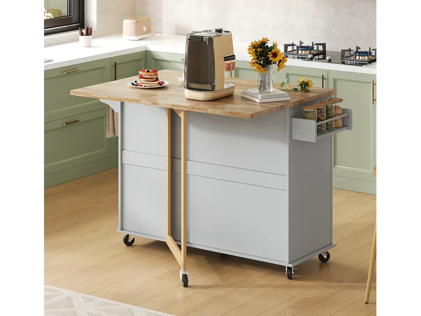 Isla de cocina móvil central - tablero extensible - con toallero - con ruedas - con 3 cajones y 2 puertas - MDF - Gris
