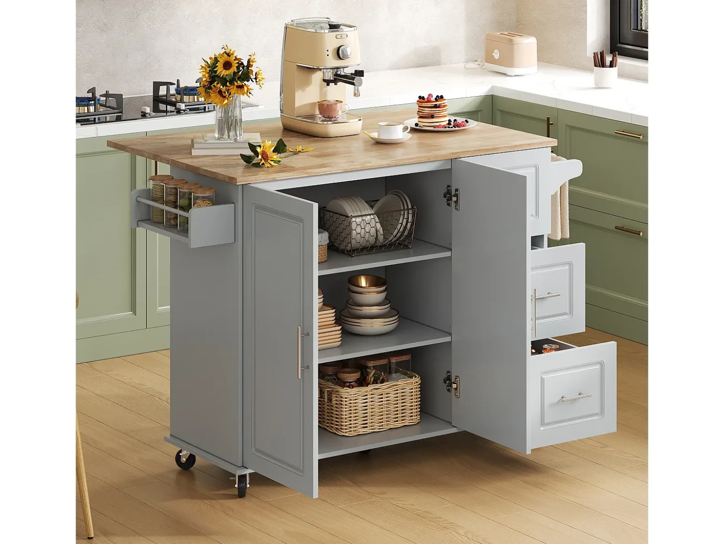 Isla de cocina móvil central - tablero extensible - con toallero - con ruedas - con 3 cajones y 2 puertas - MDF - Gris