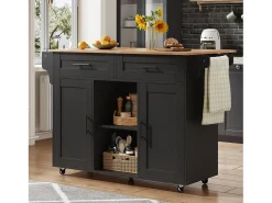 Isla de cocina móvil central - mesa de comedor plegable - con 2 puertas y 2 cajones - con porta toallas de vino y ruedas - Negro