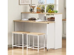 Isla de cocina móvil central 110x34x97.5cm - tablero extensible y sillas de comedor ocultas - espacio de almacenamiento multifuncional - blanco