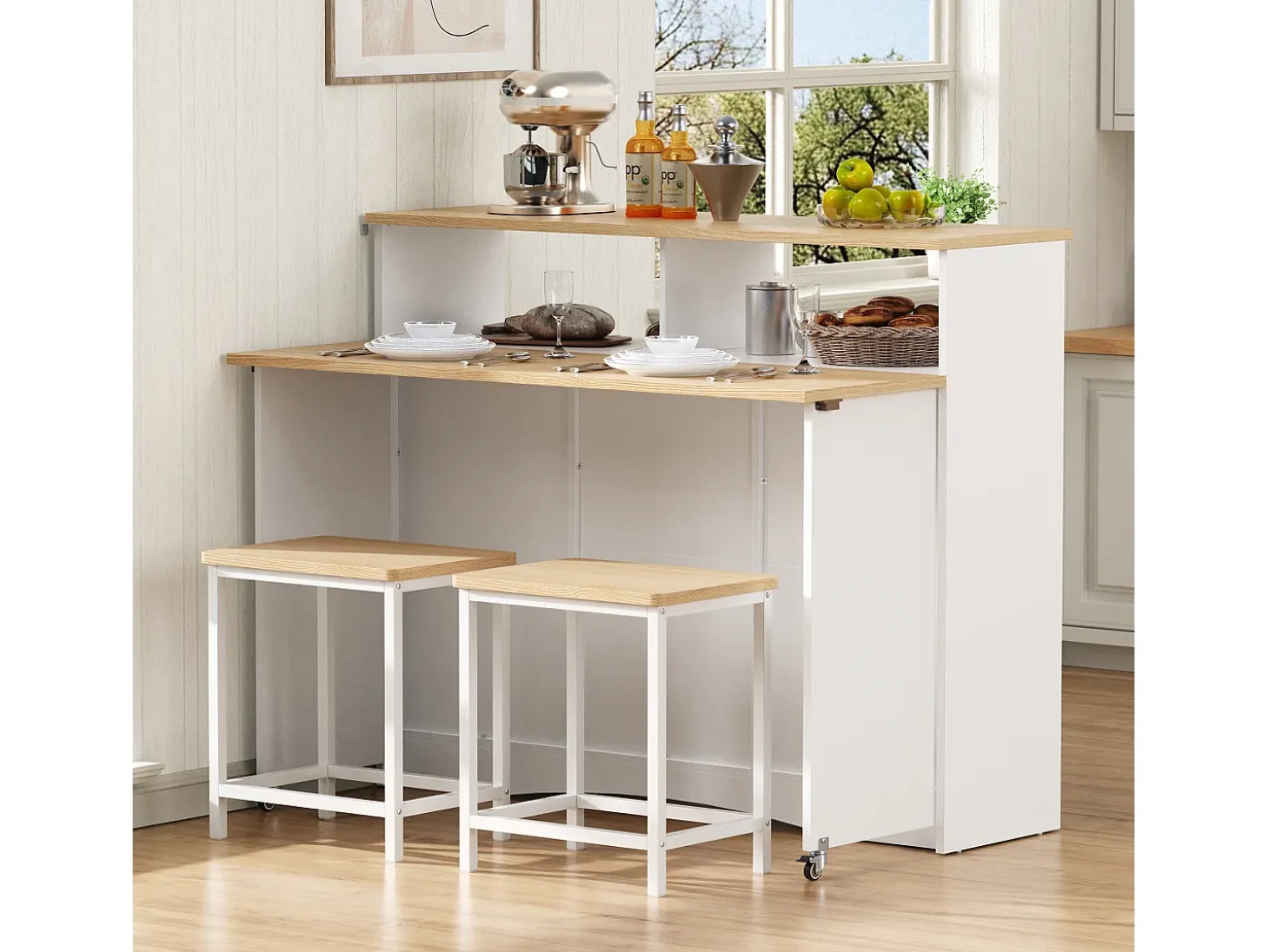 Isla de cocina móvil central 110x34x97.5cm - tablero extensible y sillas de comedor ocultas - espacio de almacenamiento multifuncional - blanco