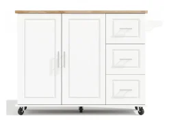 Isla de cocina móvil central - tablero extensible - con toallero - con ruedas - con 3 cajones y 2 puertas - MDF - Blanco