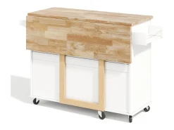 Isla de cocina móvil central - tablero extensible - con toallero - con ruedas - con 3 cajones y 2 puertas - MDF - Blanco