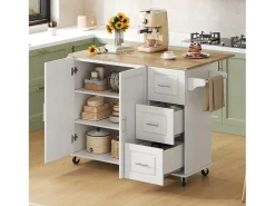 Isla de cocina móvil central - tablero extensible - con toallero - con ruedas - con 3 cajones y 2 puertas - MDF - Blanco