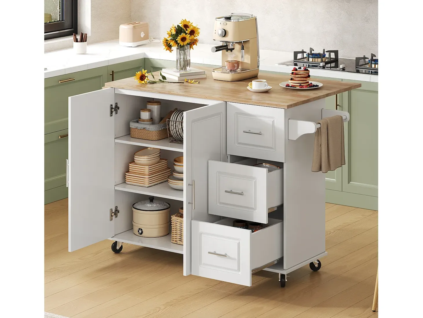 Isla de cocina móvil central - tablero extensible - con toallero - con ruedas - con 3 cajones y 2 puertas - MDF - Blanco