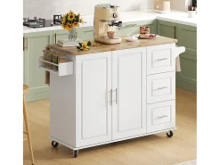 Isla de cocina móvil central - tablero extensible - con toallero - con ruedas - con 3 cajones y 2 puertas - MDF - Blanco