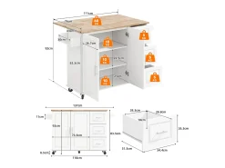 Isla de cocina móvil central - tablero extensible - con toallero - con ruedas - con 3 cajones y 2 puertas - MDF - Blanco