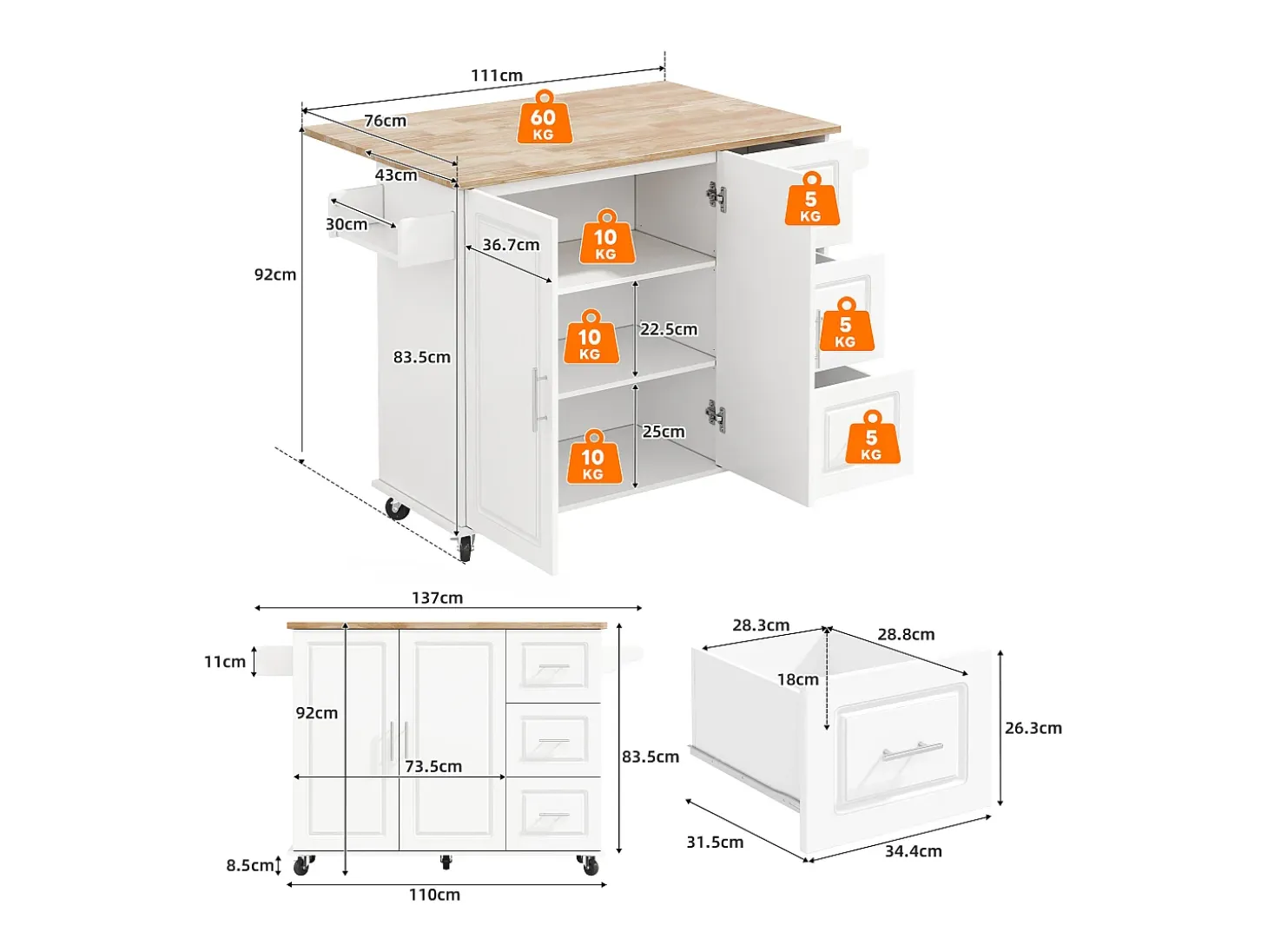 Isla de cocina móvil central - tablero extensible - con toallero - con ruedas - con 3 cajones y 2 puertas - MDF - Blanco