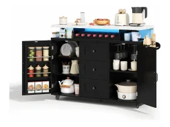 Isla de cocina móvil central - mesa de comedor plegable - con LED - con 2 puertas y 3 cajones - con portavasos de vino y ruedas - Negro