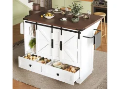 Isla de cocina móvil central - Tablero extensible - 120x73x93cm - 2 puertas y 4 cajones - con toallero - estilo campestre - Blanco
