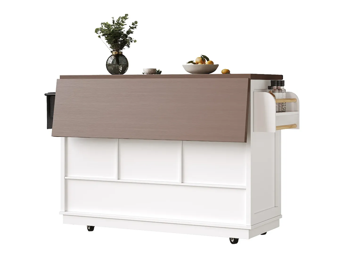 Isla de cocina móvil central - Tablero extensible - 120x73x93cm - 2 puertas y 4 cajones - con toallero - estilo campestre - Blanco