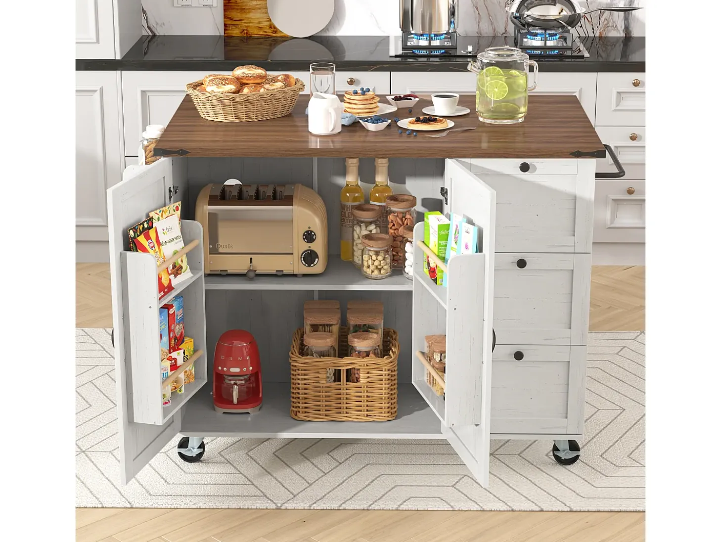 Isla de cocina móvil central con 2 puertas y 3 cajones - tapa extensible - 140 x 45/73 x 92,5 cm - Madera MDF + metal - Blanco + natural