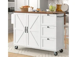 Isla de cocina móvil central con 2 puertas y 3 cajones - tapa extensible - 140 x 45/73 x 92,5 cm - Madera MDF + metal - Blanco + natural