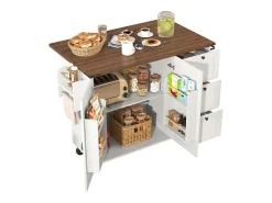 Isla de cocina móvil central con 2 puertas y 3 cajones - tapa extensible - 140 x 45/73 x 92,5 cm - Madera MDF + metal - Blanco + natural