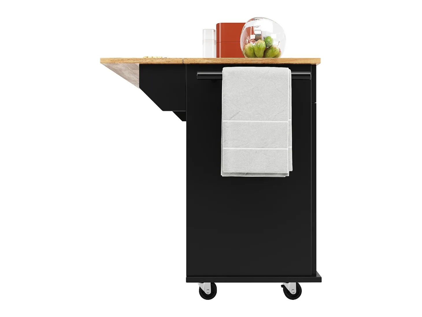 Isla de cocina móvil con 4 puertas y 2 cajones - Tablero extensible - 106x50(78)x90,5cm - Madera MDF - Negro y natural