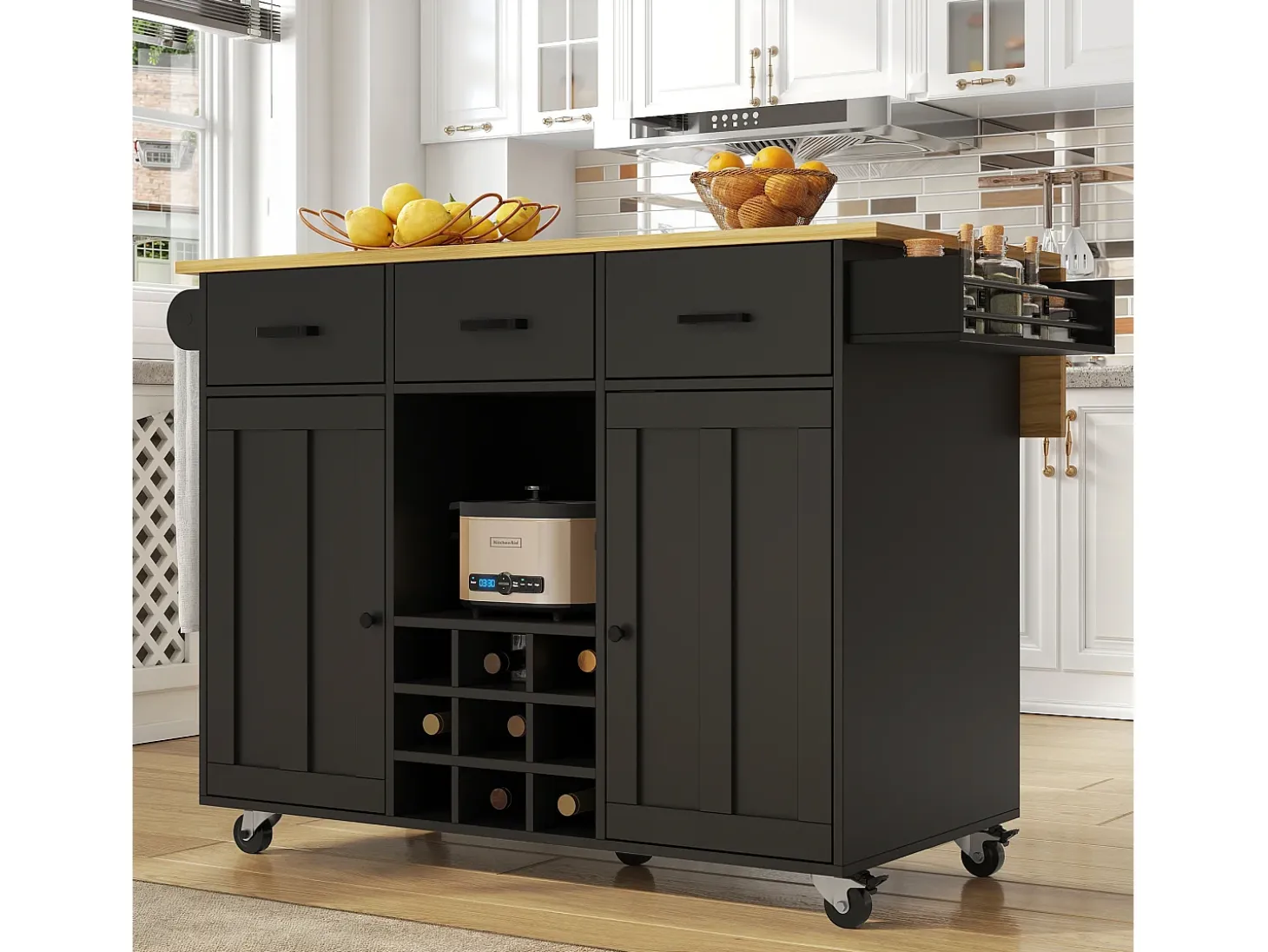 Isla de cocina móvil con 2 puertas, 3 cajones y botellero para 9 botellas - Tablero extensible - 124 x 40/65 x 91,5 cm - MDF - Negro