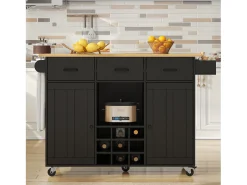 Isla de cocina móvil con 2 puertas, 3 cajones y botellero para 9 botellas - Tablero extensible - 124 x 40/65 x 91,5 cm - MDF - Negro
