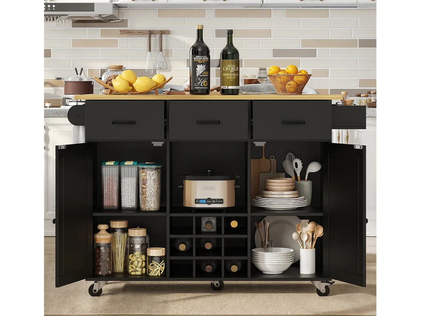 Isla de cocina móvil con 2 puertas, 3 cajones y botellero para 9 botellas - Tablero extensible - 124 x 40/65 x 91,5 cm - MDF - Negro