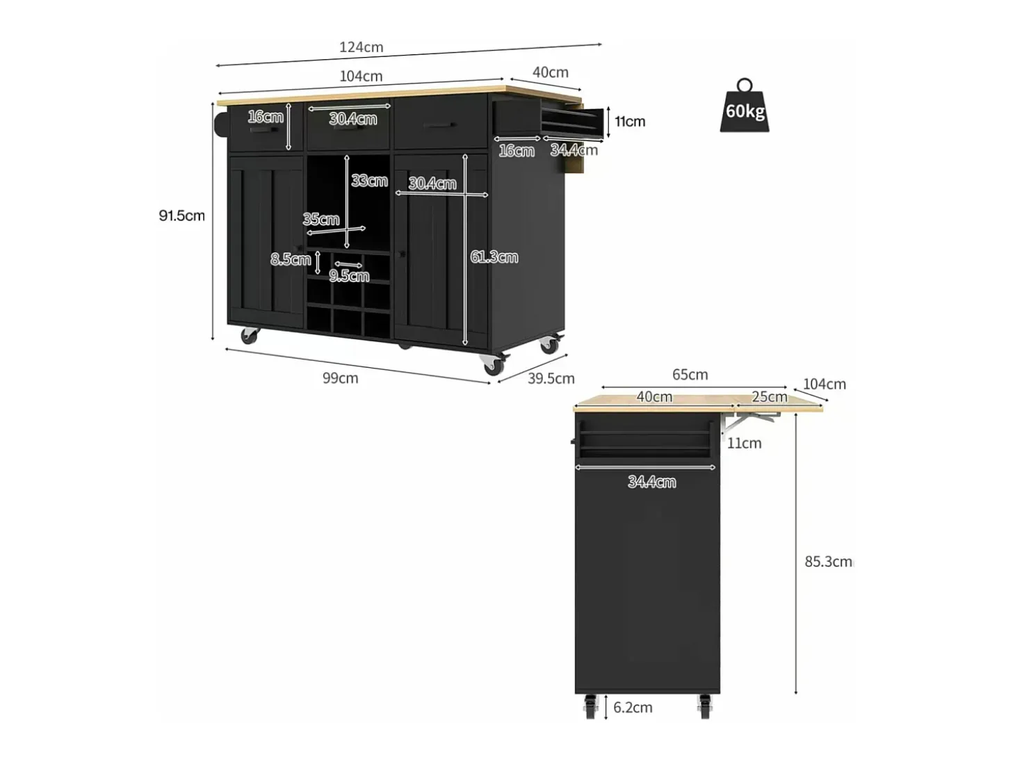 Isla de cocina móvil con 2 puertas, 3 cajones y botellero para 9 botellas - Tablero extensible - 124 x 40/65 x 91,5 cm - MDF - Negro