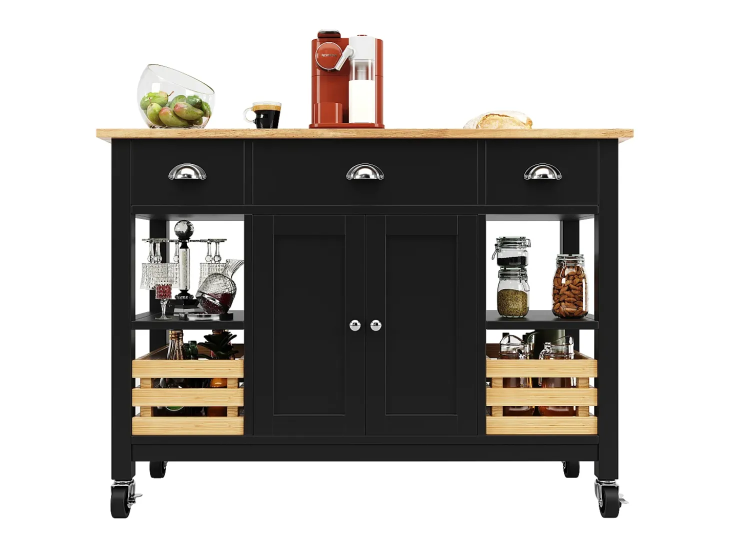 Isla de cocina móvil con 3 cajones, 2 puertas y cesto de almacenaje - encimera extensible - 120x45/73x90 cm - Madera MDF - Negro