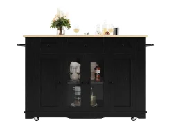 Isla de cocina móvil con 4 puertas, 3 cajones y estantes laterales - Tablero extensible - 151,5x60(85)x91,7 cm - MDF + cristal - Negro