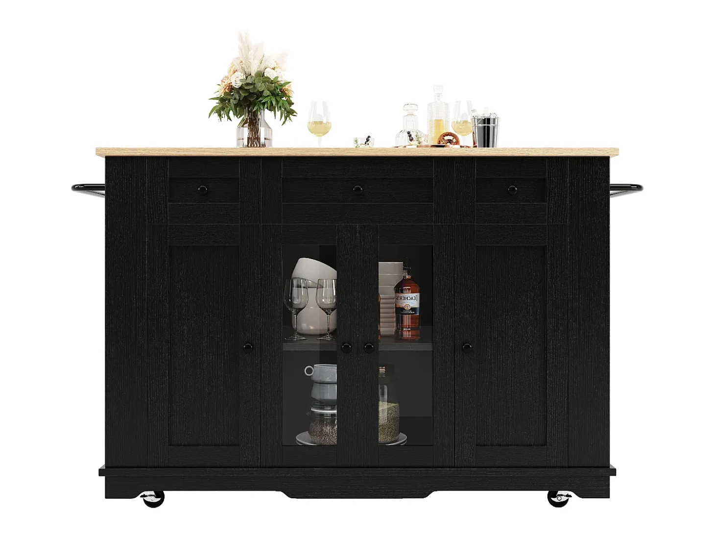 Isla de cocina móvil con 4 puertas, 3 cajones y estantes laterales - Tablero extensible - 151,5x60(85)x91,7 cm - MDF + cristal - Negro