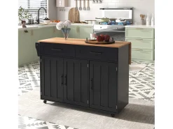 Isla de cocina móvil con 3 puertas y 2 cajones - Tablero extensible - 129x46(71)x91,5cm - Madera maciza + MDF - Negro y natural