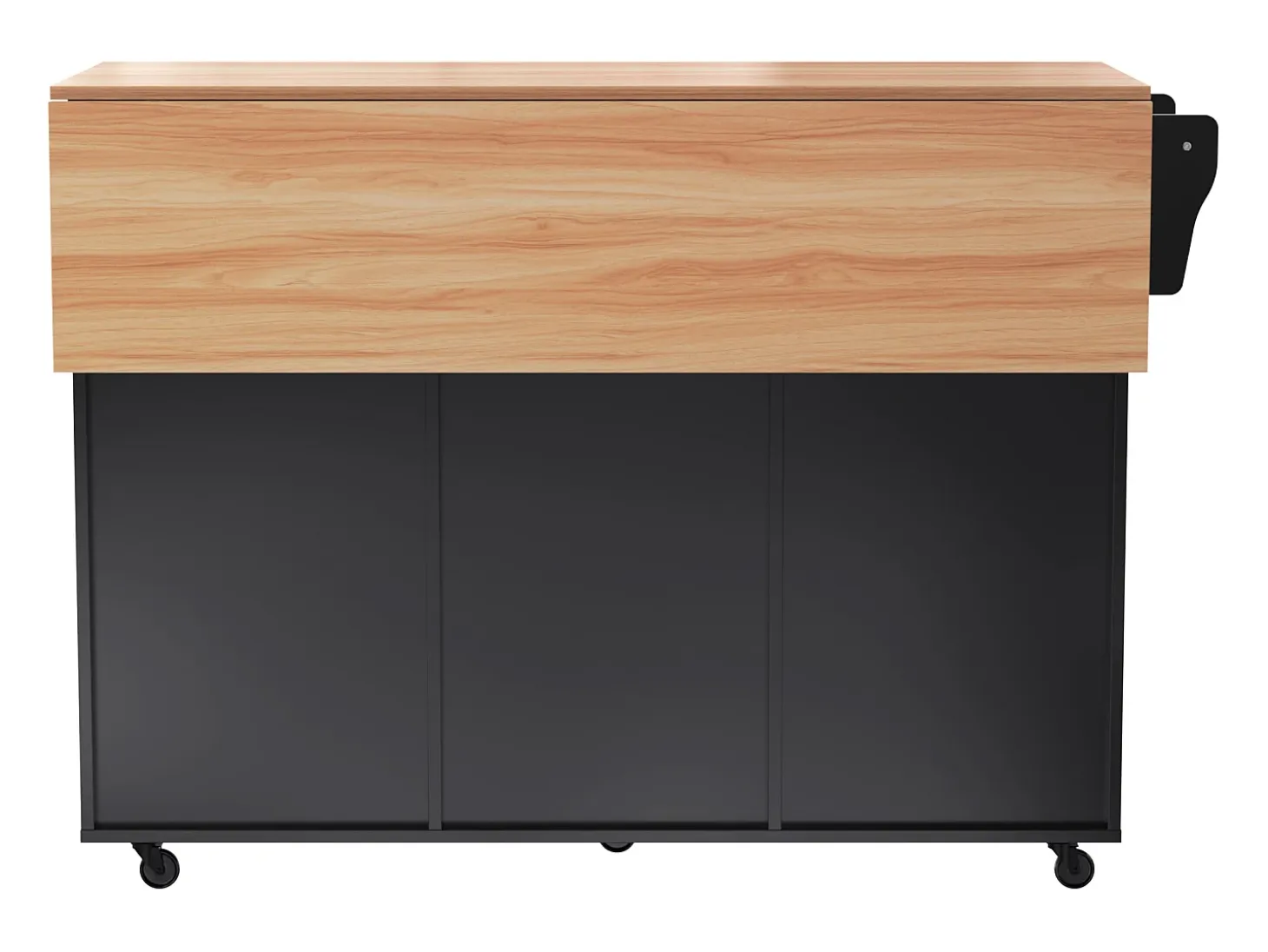 Isla de cocina móvil con 3 puertas y 2 cajones - Tablero extensible - 129x46(71)x91,5cm - Madera maciza + MDF - Negro y natural