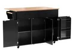 Isla de cocina móvil con 3 puertas y 2 cajones - Tablero extensible - 129x46(71)x91,5cm - Madera maciza + MDF - Negro y natural
