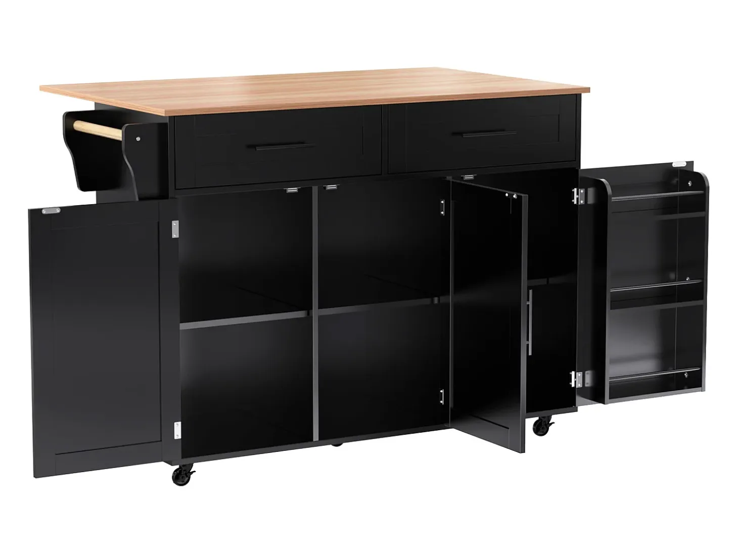 Isla de cocina móvil con 3 puertas y 2 cajones - Tablero extensible - 129x46(71)x91,5cm - Madera maciza + MDF - Negro y natural