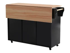 Isla de cocina móvil con 3 puertas y 2 cajones - Tablero extensible - 129x46(71)x91,5cm - Madera maciza + MDF - Negro y natural