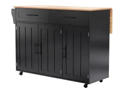 Isla de cocina móvil con 3 puertas y 2 cajones - Tablero extensible - 129x46(71)x91,5cm - Madera maciza + MDF - Negro y natural