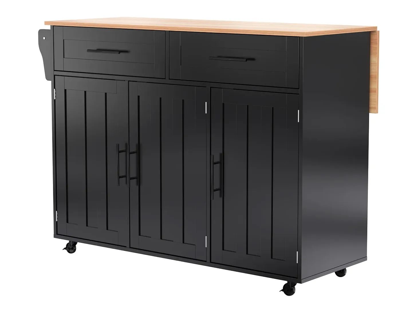 Isla de cocina móvil con 3 puertas y 2 cajones - Tablero extensible - 129x46(71)x91,5cm - Madera maciza + MDF - Negro y natural