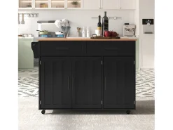 Isla de cocina móvil con 3 puertas y 2 cajones - Tablero extensible - 129x46(71)x91,5cm - Madera maciza + MDF - Negro y natural