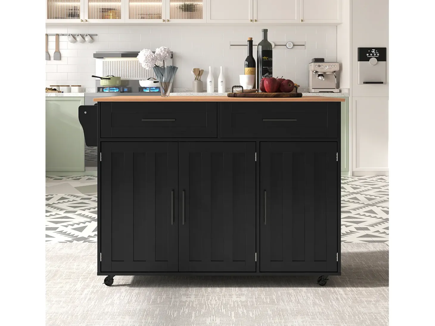 Isla de cocina móvil con 3 puertas y 2 cajones - Tablero extensible - 129x46(71)x91,5cm - Madera maciza + MDF - Negro y natural