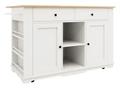 Isla de cocina móvil con 2 puertas, 2 cajones y estantes laterales - Tablero extensible - 151,5x59,7(84,7)x91,7cm - MDF - Blanco
