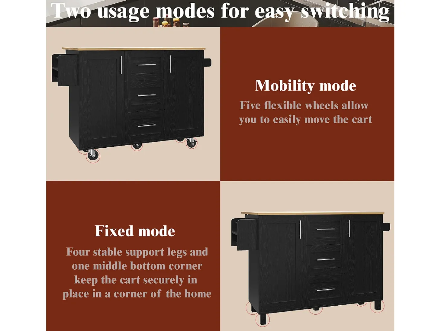 Isla de cocina móvil con 2 puertas, 3 cajones y toallero - Tablero extensible - 134,5 x 46/74 x 90,8 cm - MDF - Negro