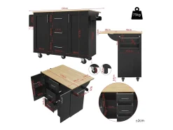 Isla de cocina móvil con 2 puertas, 3 cajones y toallero - Tablero extensible - 134,5 x 46/74 x 90,8 cm - MDF - Negro