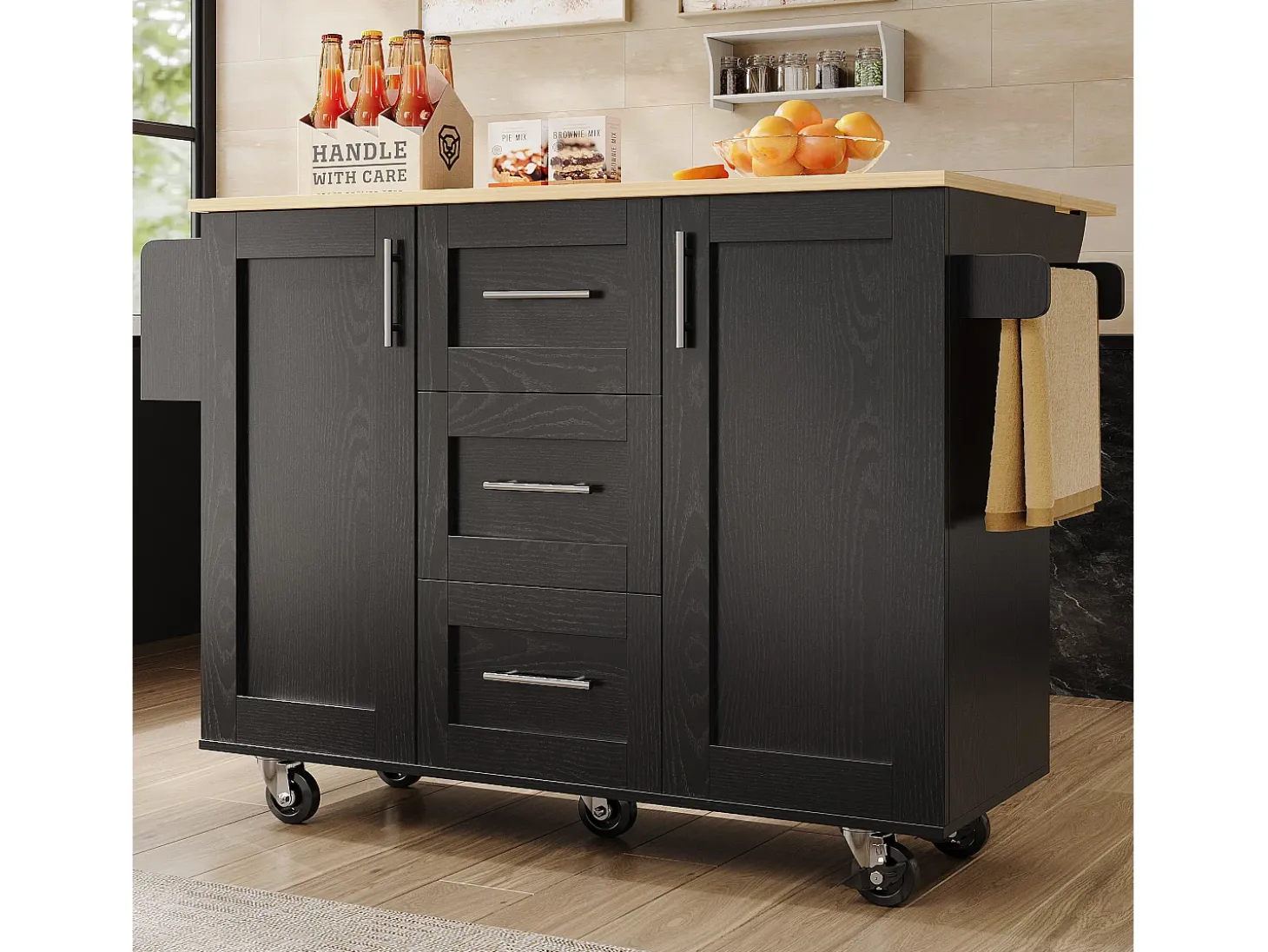 Isla de cocina móvil con 2 puertas, 3 cajones y toallero - Tablero extensible - 134,5 x 46/74 x 90,8 cm - MDF - Negro