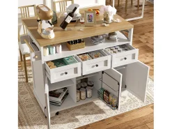 Isla de cocina móvil con 3 cajones, 3 puertas y compartimento - 118 x 43/80 x 98 cm - MDF y metal - Blanco