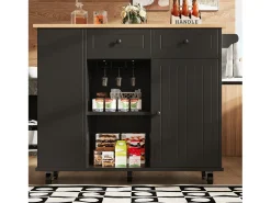 Isla de cocina móvil con 2 cajones, 1 puerta y compartimentos - 120x42/76x91,5cm - MDF y metal - Negro + natural